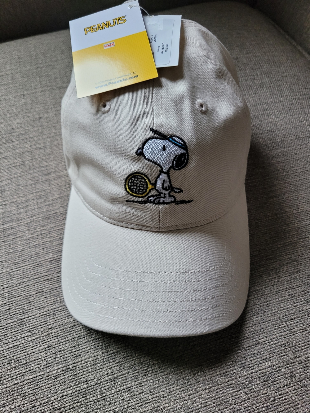 Peanuts Snoopy Tennis Baseball Hat Beige Khaki Embroidered Adjustable Cap NWT